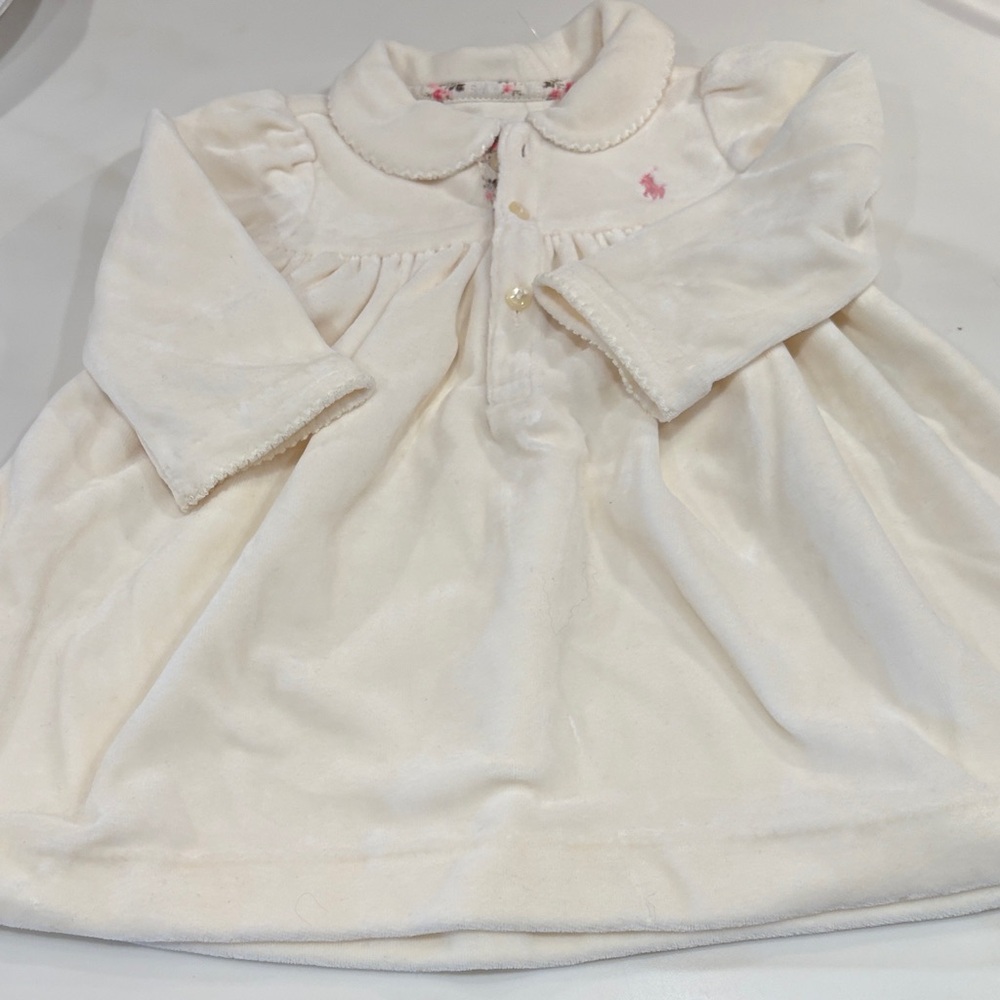 Ralph Lauren Velour Cream Baby Dress with Pink Accents-6 months